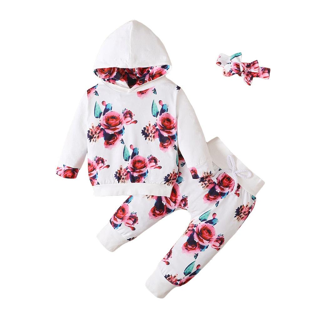 Baby Girls Clothing Sets - Hoodie Long Sleeve Tops + Pants + Headband Cotton Kids Tracksuits