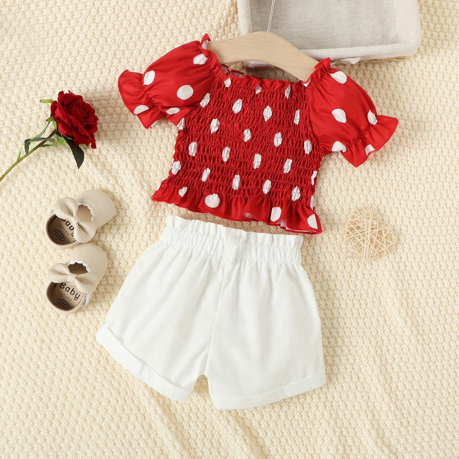 Cute Toddler Girls Summer Clothes Sets with Dot Print Crop Top and Solid Shorts