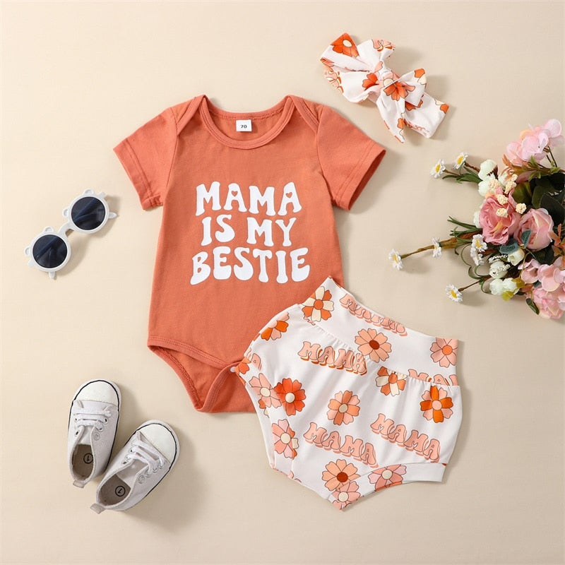 Adorable Infant Toddler Baby Girls Summer Clothes Sets with Letter Print Bodysuits and Floral Shorts