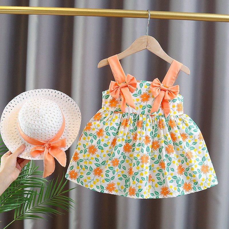 Summer Flower Bow Suspender Dress for Baby Girls