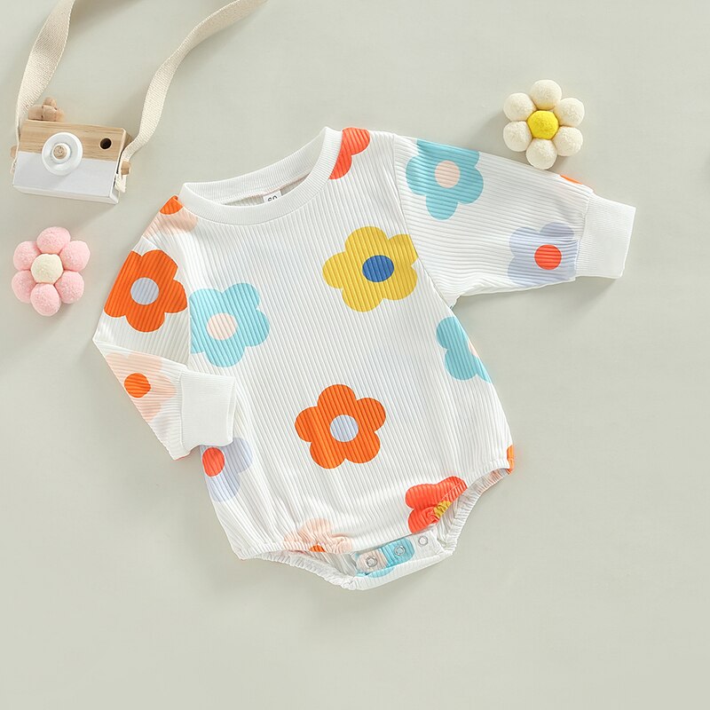 Lovely Autumn Newborn Baby Girls Ribbed Rompers with Flower Print