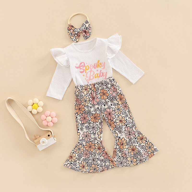 Adorable Newborn Baby Girl's 3-Piece Clothing Set with Letter Romper, Flared Trousers, and Headband