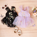 Baby Girl Princess Romper Dress with Floral Embroidery and Lace Mesh - Babbez
