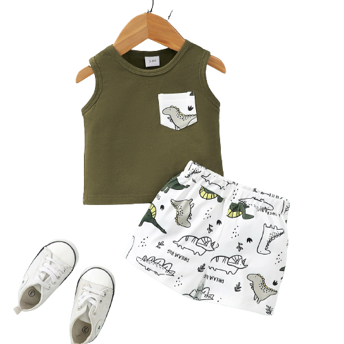 Adorable Baby Boy Dinosaur Printed Vest and Allover Printing Shorts Set