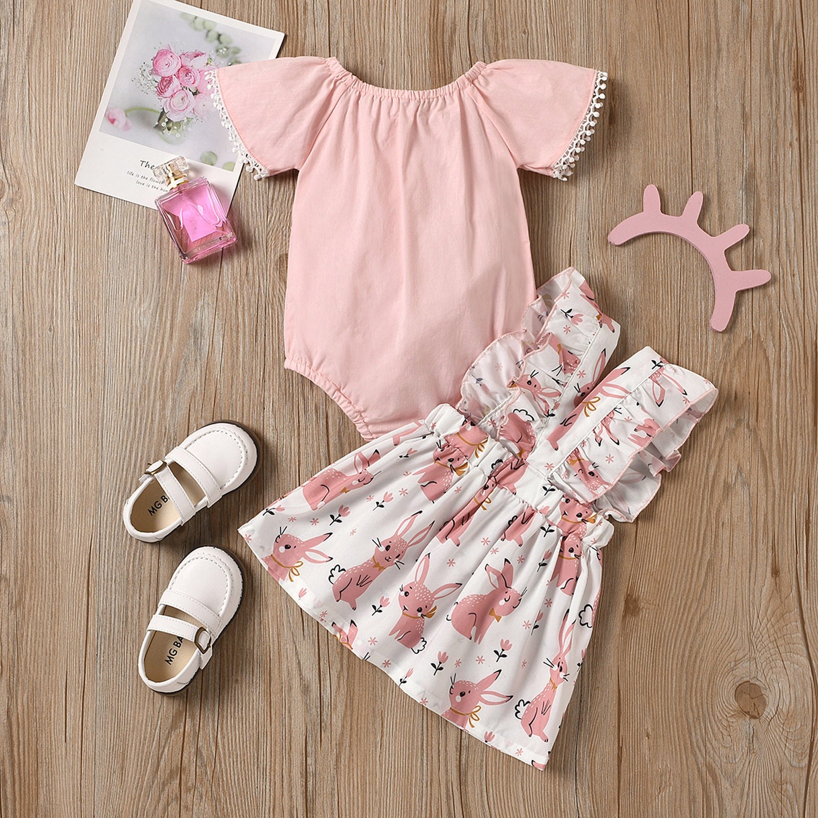 Toddler Baby Girls Summer Clothes Sets - Short Sleeve Romper and Rabbit Suspender Skirt Outfits Sets for Infant Girls