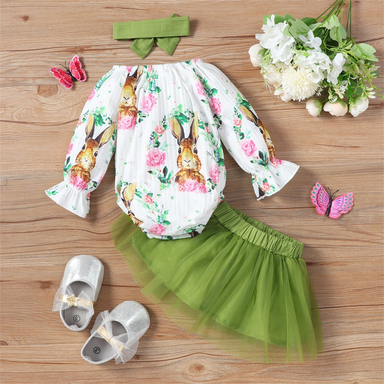 Adorable Infant Newborn Baby Girls Clothes Sets: Cartoon Romper, Tulle Dress, and Headband for Spring and Easter Outfits