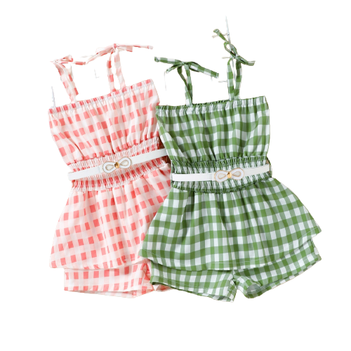 Trendy Toddler Girls Romper with Plaid Print and Suspender Design for Summer