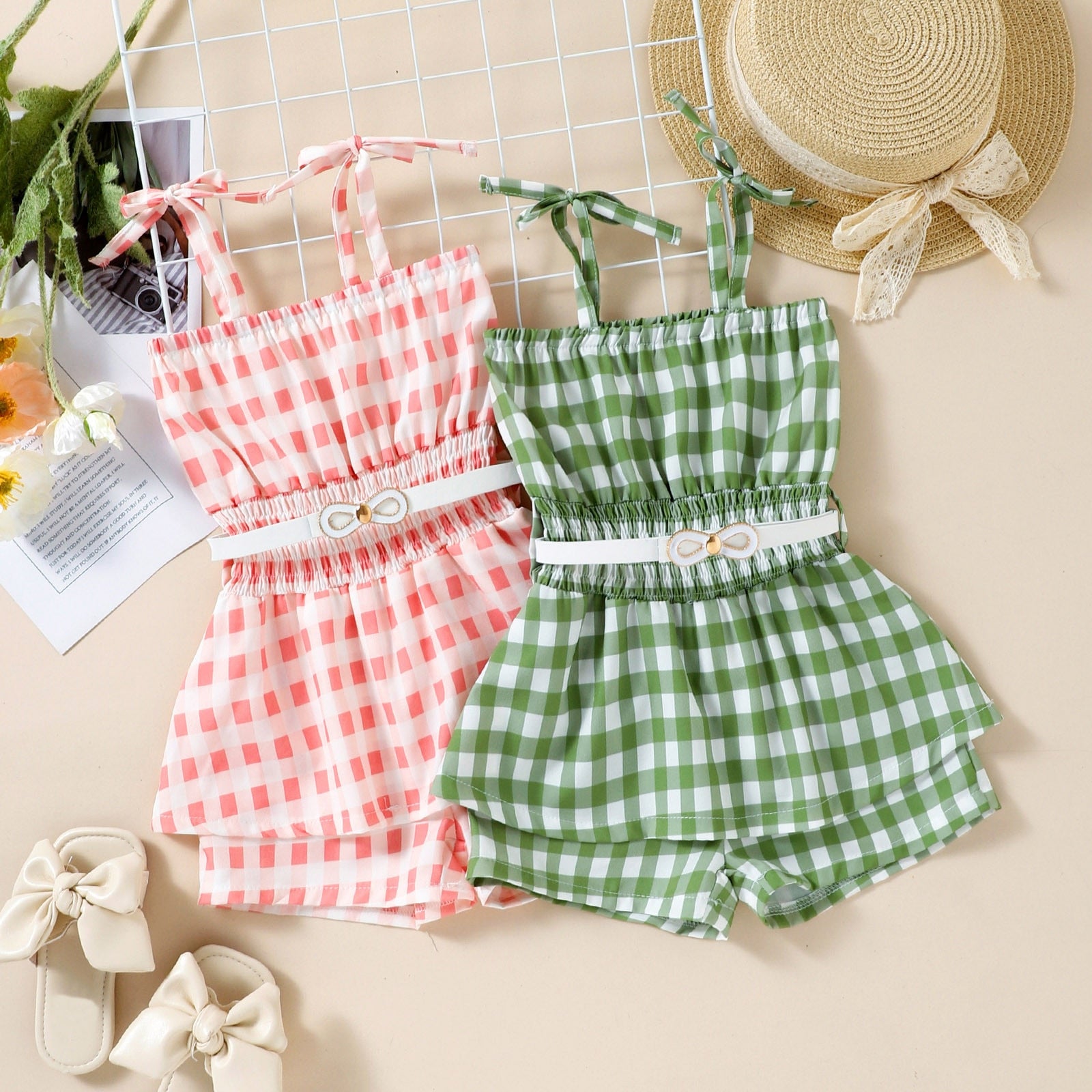 Trendy Toddler Girls Romper with Plaid Print and Suspender Design for Summer