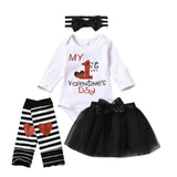 My 1st Valentine's Day Infant Baby Girls Clothes Set - Letter Print Long Sleeve Romper, Skirt, Hairband, and Leg Socks