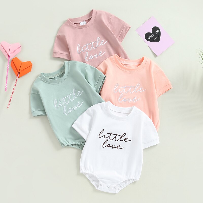 Stylish Embroidered Letter Short Sleeve Rompers for Newborn Baby Boys and Girls