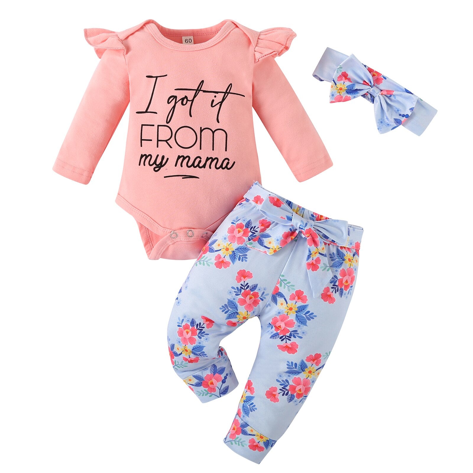 Adorable Newborn Baby Girl Ruffles Romper and Insect Print Top with Bow Pants Clothing Set