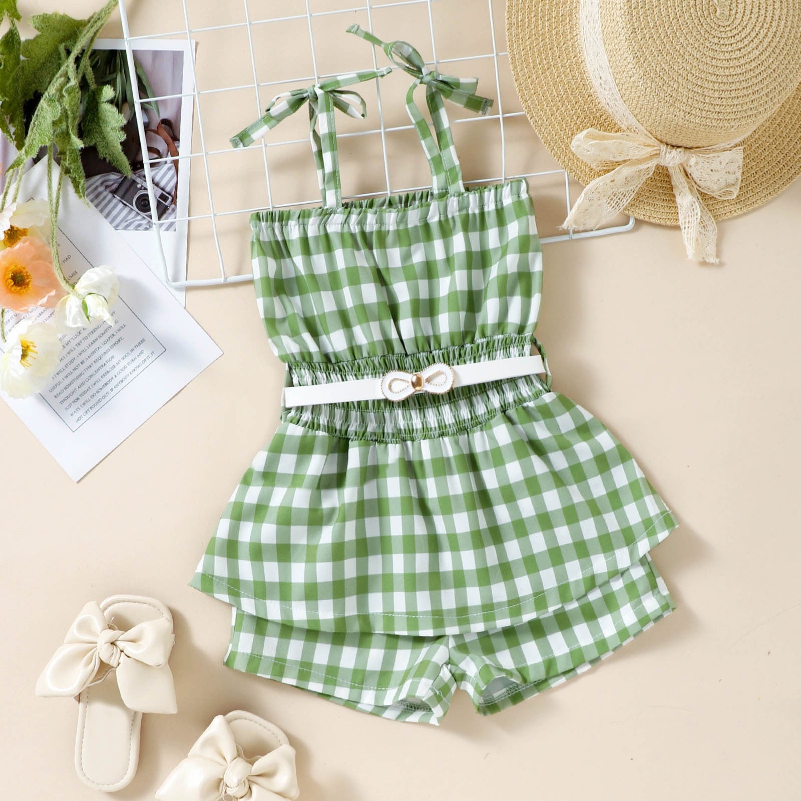 Trendy Toddler Girls Romper with Plaid Print and Suspender Design for Summer