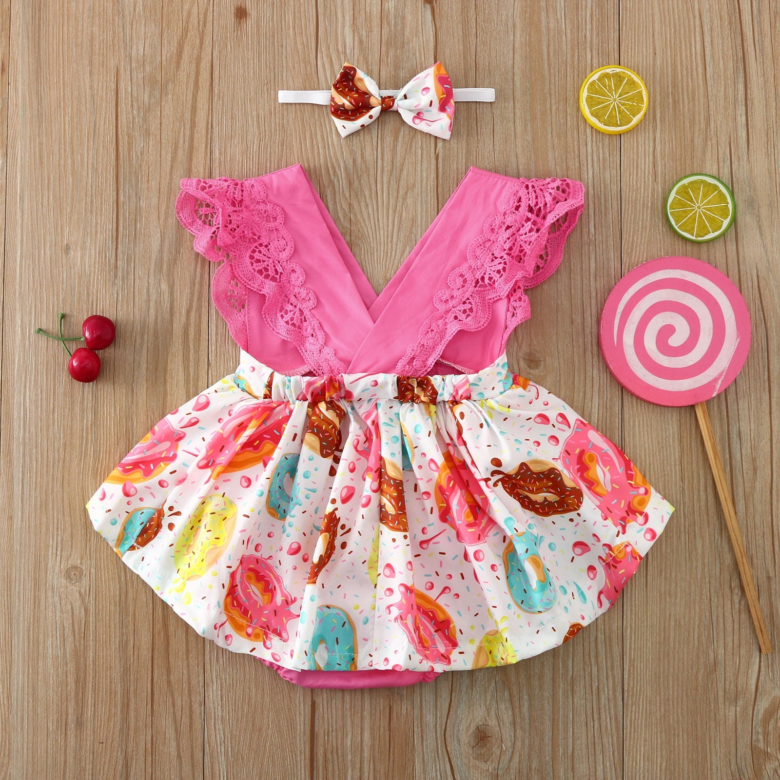 Newborn Baby Girls Lace Dress Bodysuit Headband Set for Summer