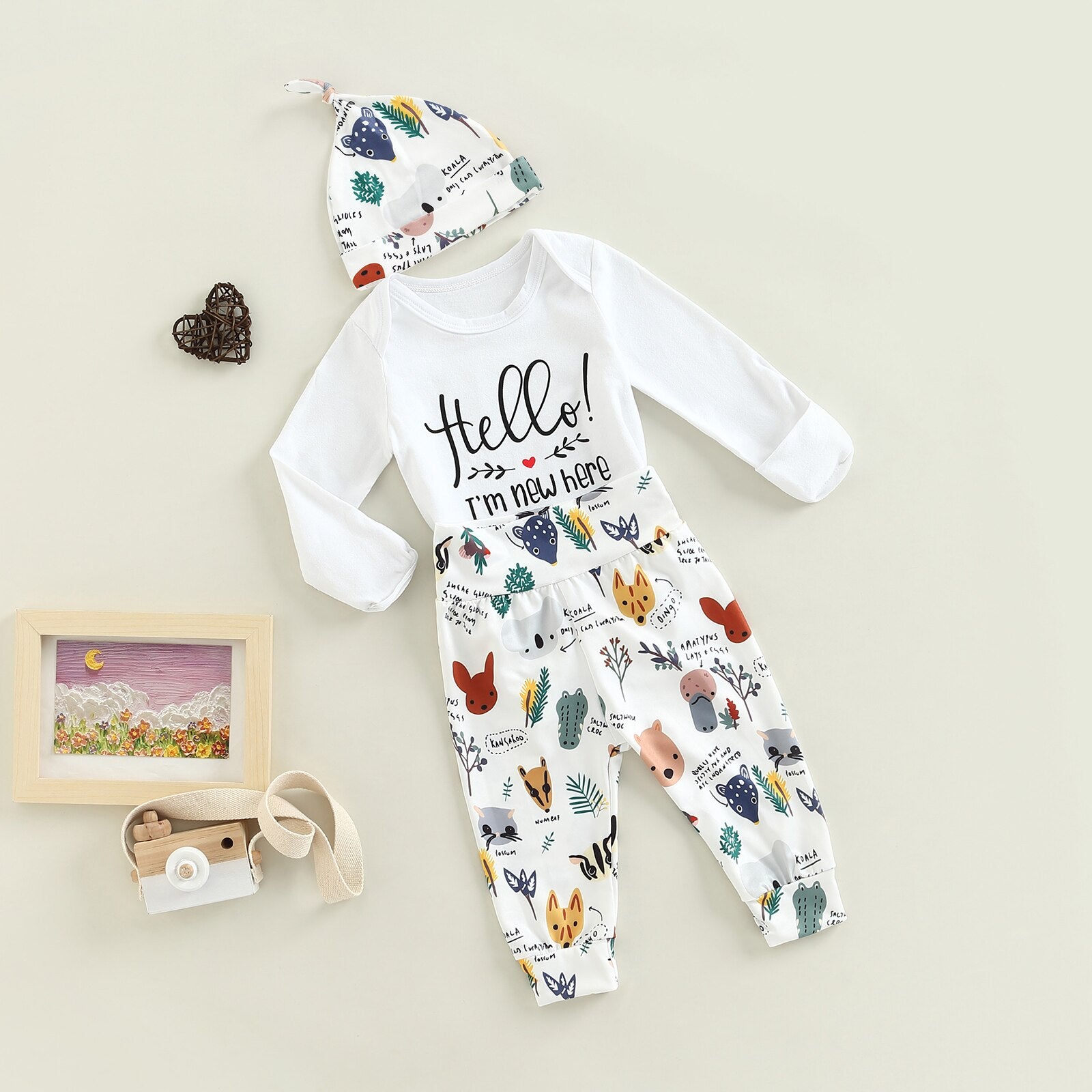 Adorable Infant Newborn Baby Clothes Set with Letter Romper, Cute Animal and Floral Print Pants, and Hat