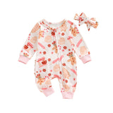 Baby Girls Christmas Romper 2pcs Long Sleeve Gingerbread Man/Santa Claus Print Zipped Jumpsuits Hairband