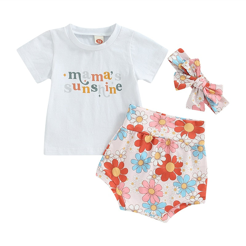 Summer Infant Baby Girl 3-Piece Outfit Set with Letter Print T-Shirt, Floral Shorts, and Headband