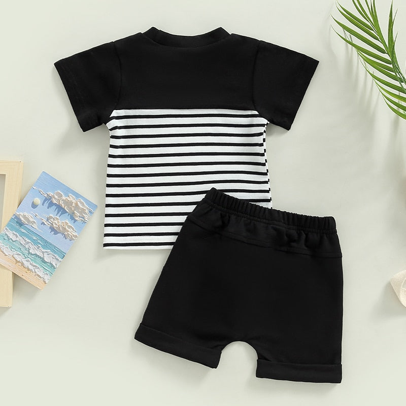 Summer Casual Toddler Boy Outfits: Short Sleeve Stripe Print T-Shirt + Elastic Waist Shorts 2pcs Clothes Set