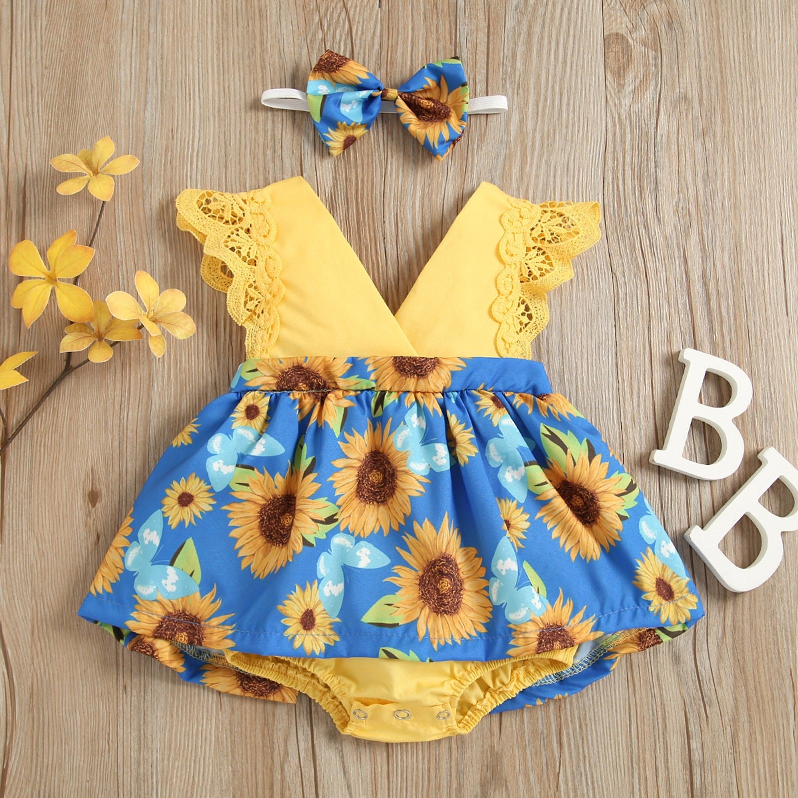 Newborn Baby Sunflower Print Romper Set with Headband - Sleeveless Infant Outfit
