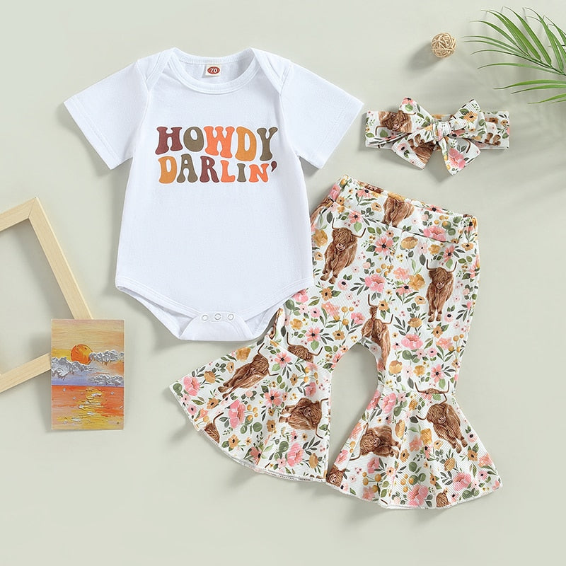 Adorable Newborn Baby Girls Summer Clothing Sets with Letter Print Bodysuits and Floral Flare Pants