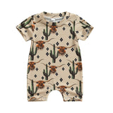 Unisex Baby Western Longhorn and Cactus Print Short Sleeve Romper - Babbez