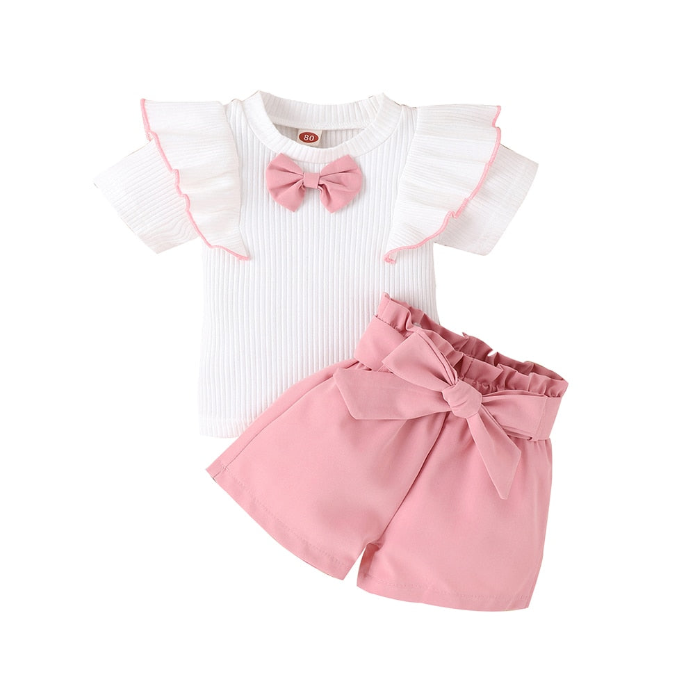 Adorable 2-Piece Summer Outfit for Baby Girls | Ruffled Pullover Top and Bow Shorts