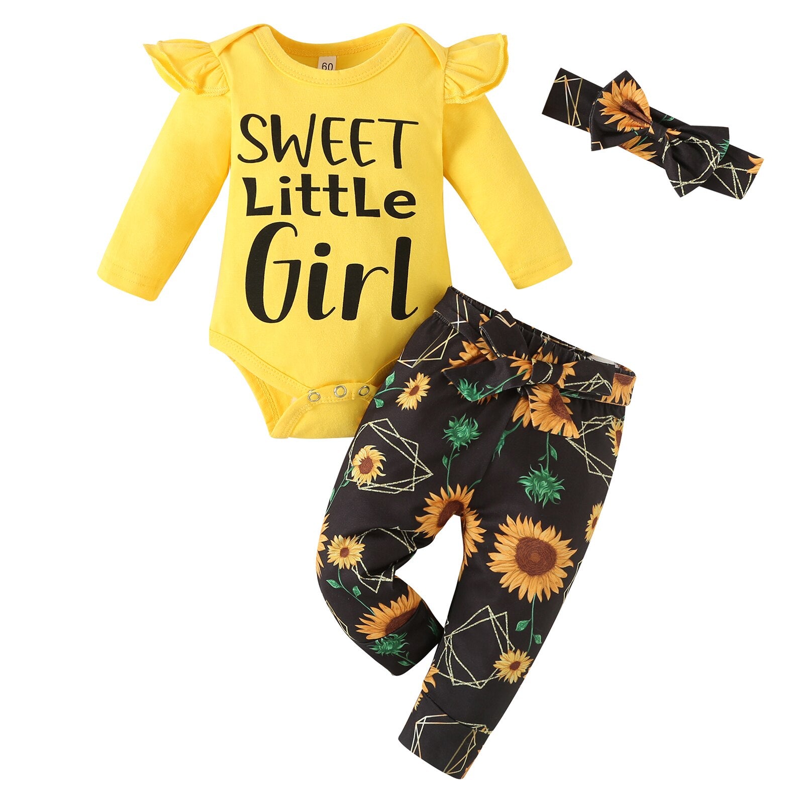 Adorable Newborn Clothes Set with Ruffles, Insect Print Top, Bow Pants, and Romper