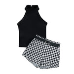 Baby Little Girl S Sleeveless Ribbed Outfit Set - Solid Color Stand-up Collar Belted Shorts - Babbez