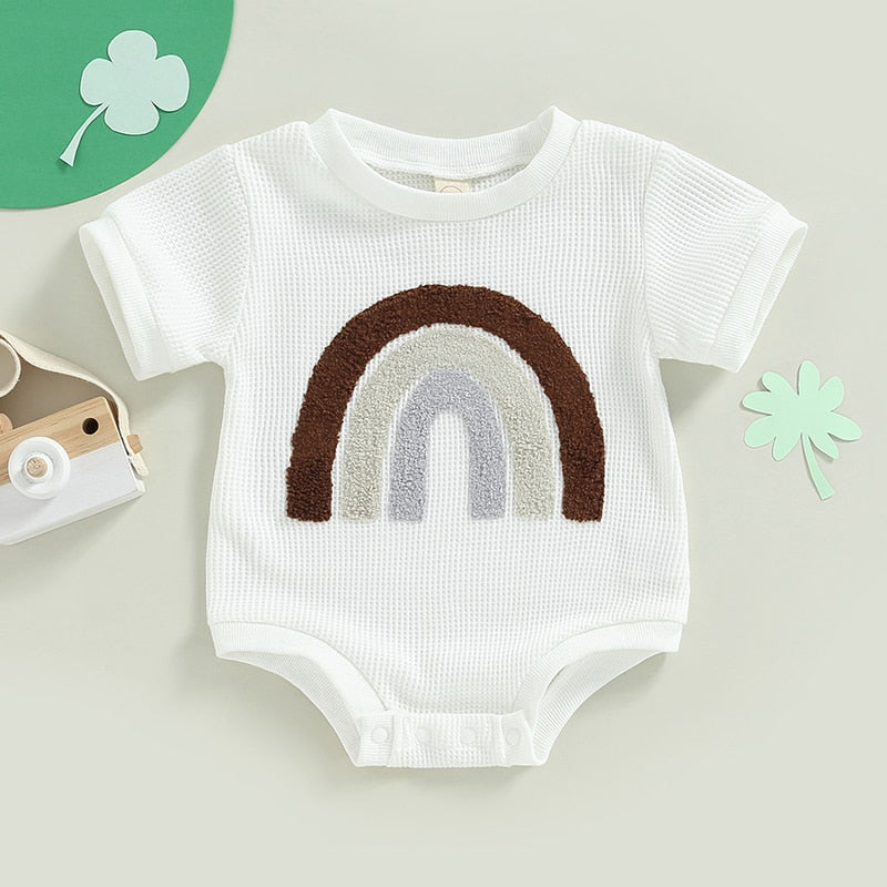 Lovely Summer Newborn Baby Boys Girls Waffle Rompers Clothes with Embroidery Rainbow