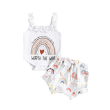 Fashionable Newborn Baby Girls Summer Clothes Sets with Rainbow Letter Print Bodysuits and Bowknot Shorts