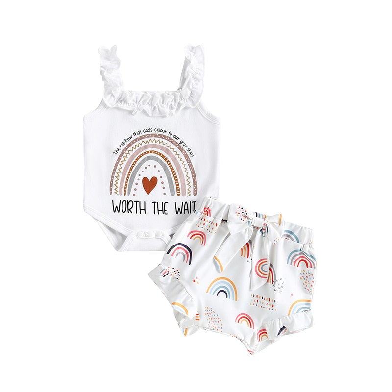 Fashionable Newborn Baby Girls Summer Clothes Sets with Rainbow Letter Print Bodysuits and Bowknot Shorts