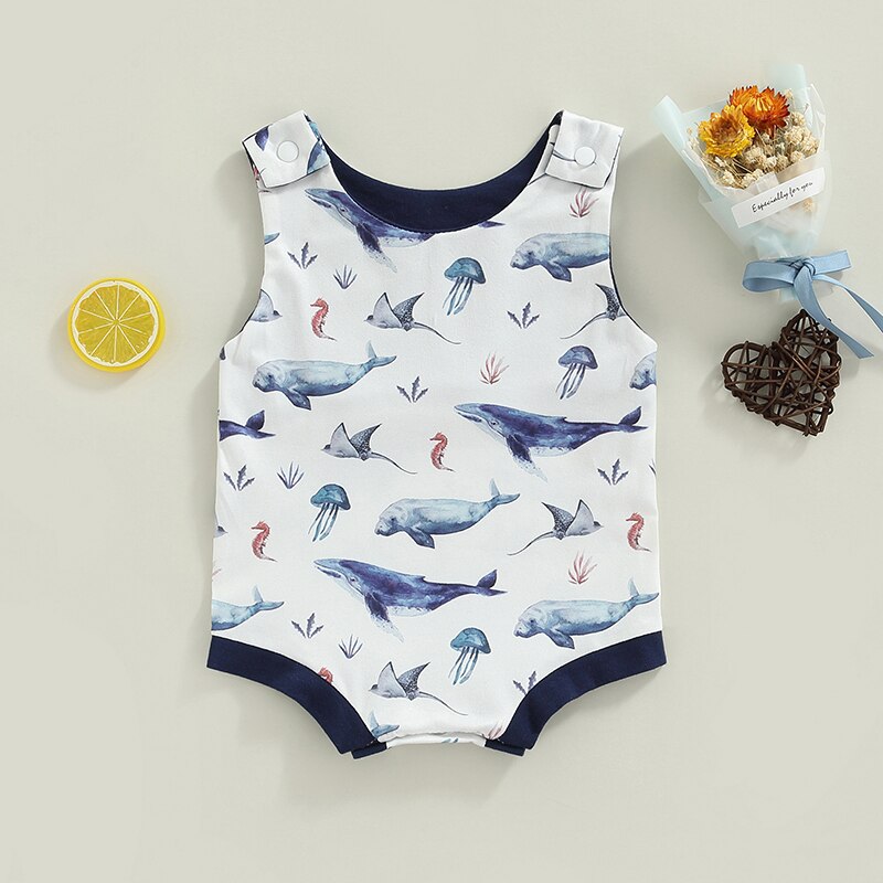 Summer Casual Baby Boys Bodysuits - Rainbow/Fish Print Sleeveless Button Jumpsuits