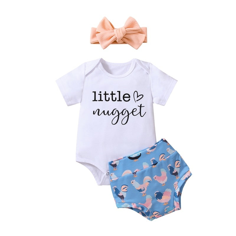 Infant Baby Girls 3Pcs Summer Outfit Sets White Short Sleeve Letter Print Romper Hen Print Shorts