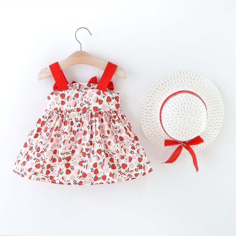 Sweet Strawberry Bow Strap Dress for Baby Girls