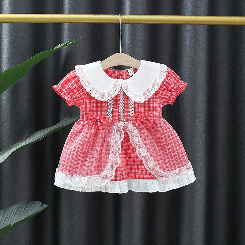 Summer Plaid Baby Girl Dress with Lace Bow and Puff Sleeves