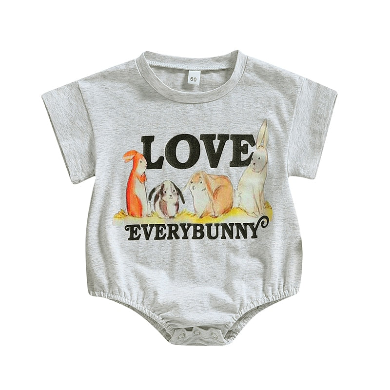 Adorable Baby Girls Boys Short Sleeve Romper with Rabbits and Letters Print