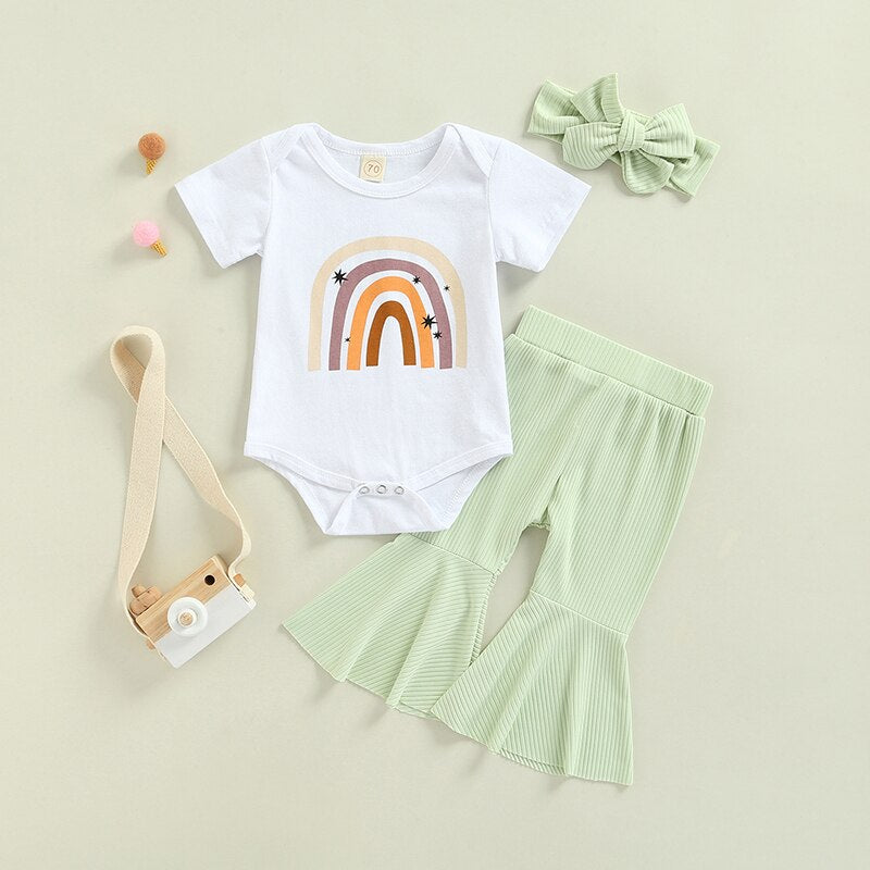 3pcs Fashion Summer Newborn Baby Girls Boys Clothes Sets Rainbow Print Short Sleeve Rompers Tops+Ribbed Knitted Flare Long Pants