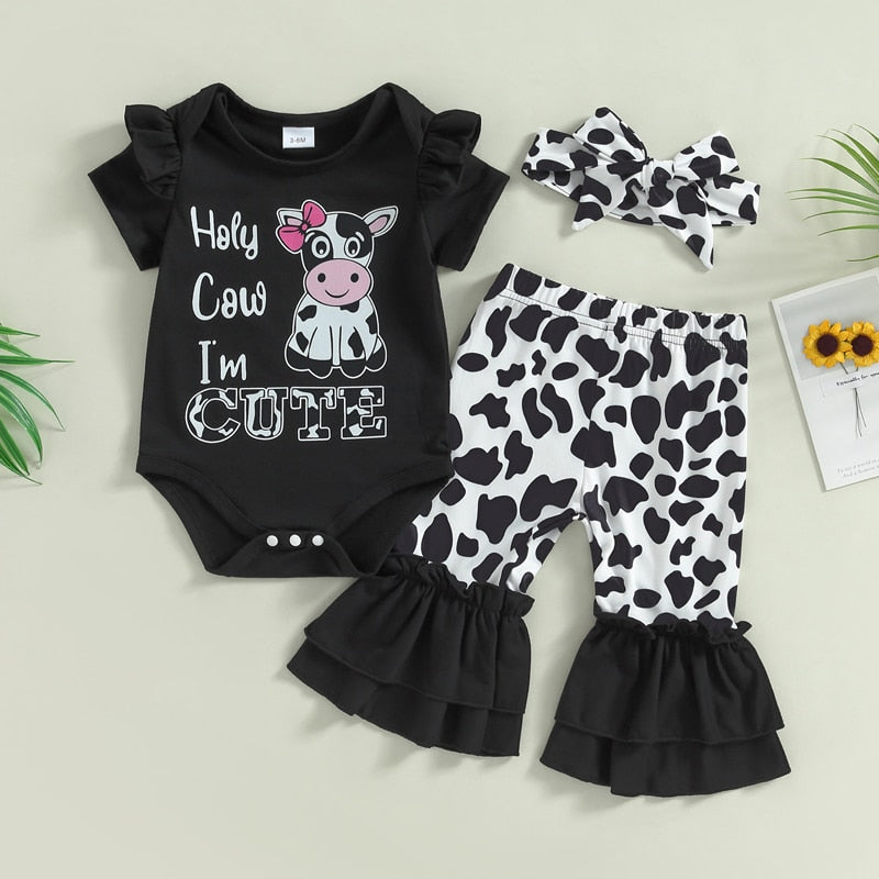 Newborn Baby Girls 3-Piece Summer Set with Bodysuit and Flared Pants