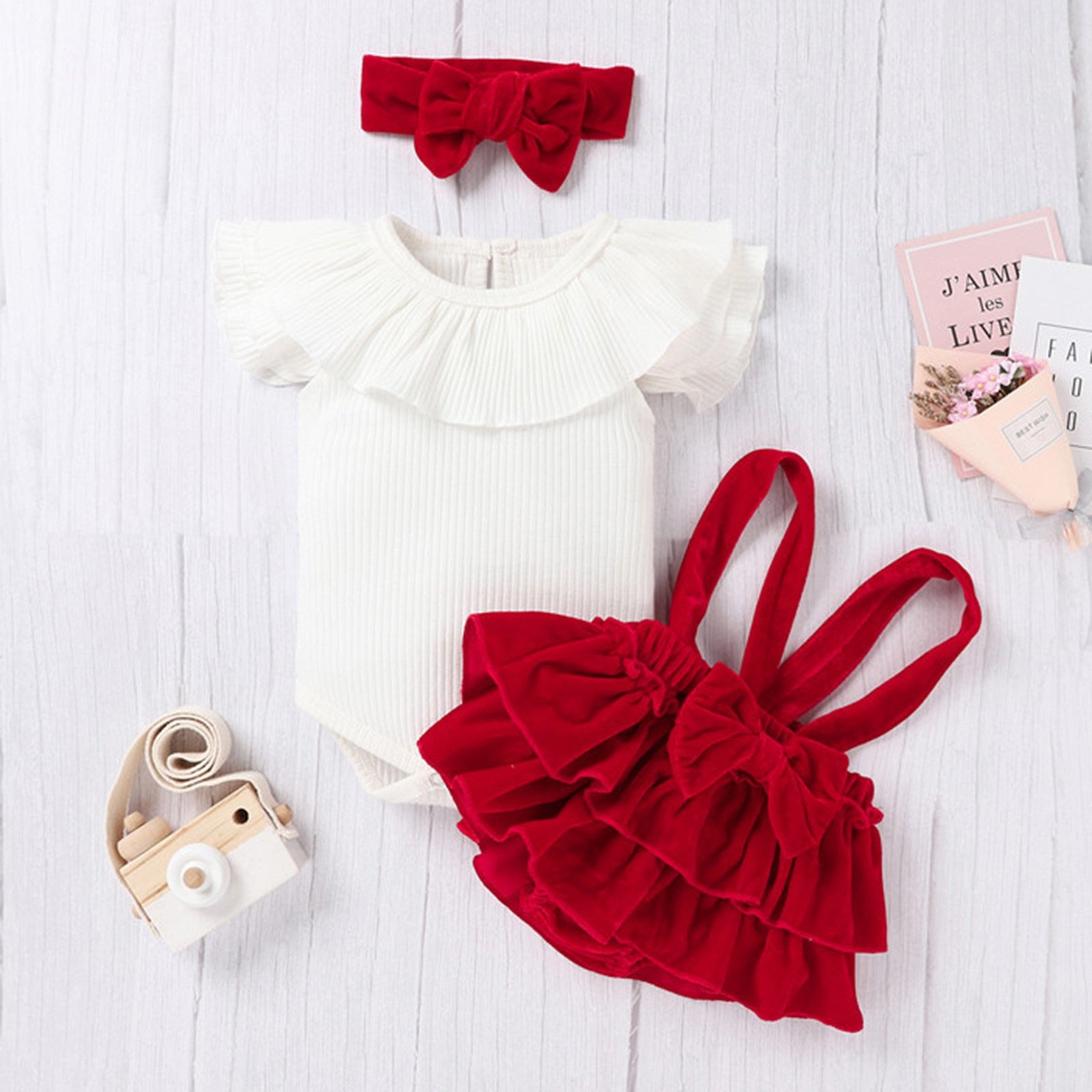 Newborn Baby Girls Lovely Clothes Sets - 3pcs Flying Sleeve Ruffled Romper Velvet Suspender Shorts Headband Sets
