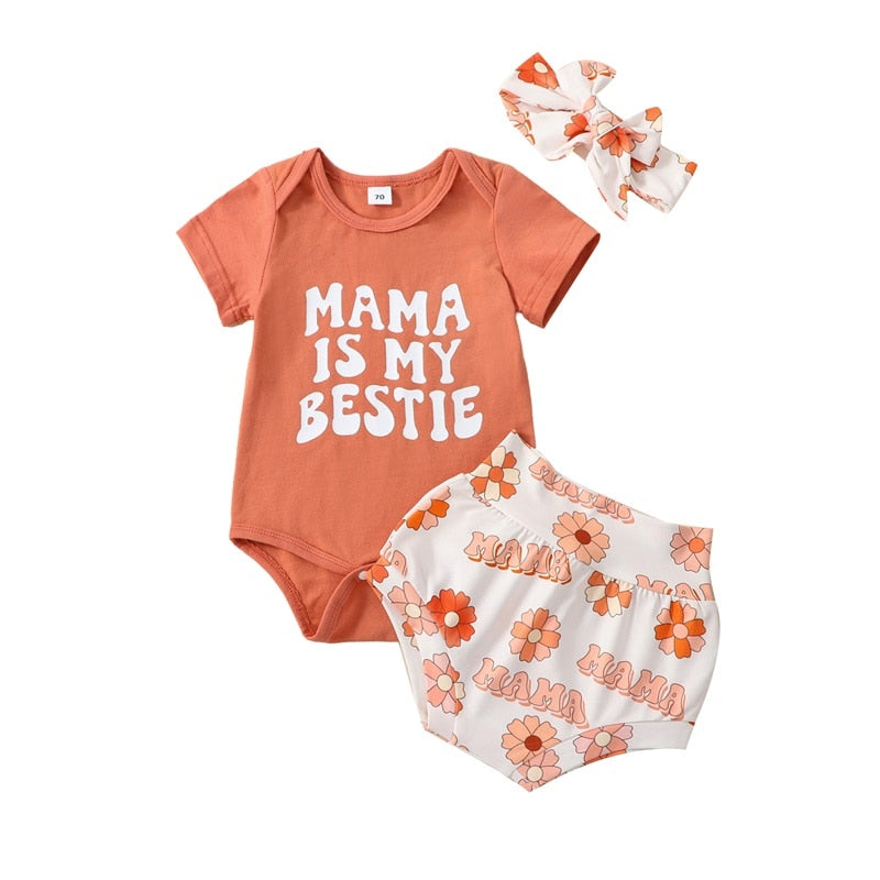 Adorable Infant Toddler Baby Girls Summer Clothes Sets with Letter Print Bodysuits and Floral Shorts
