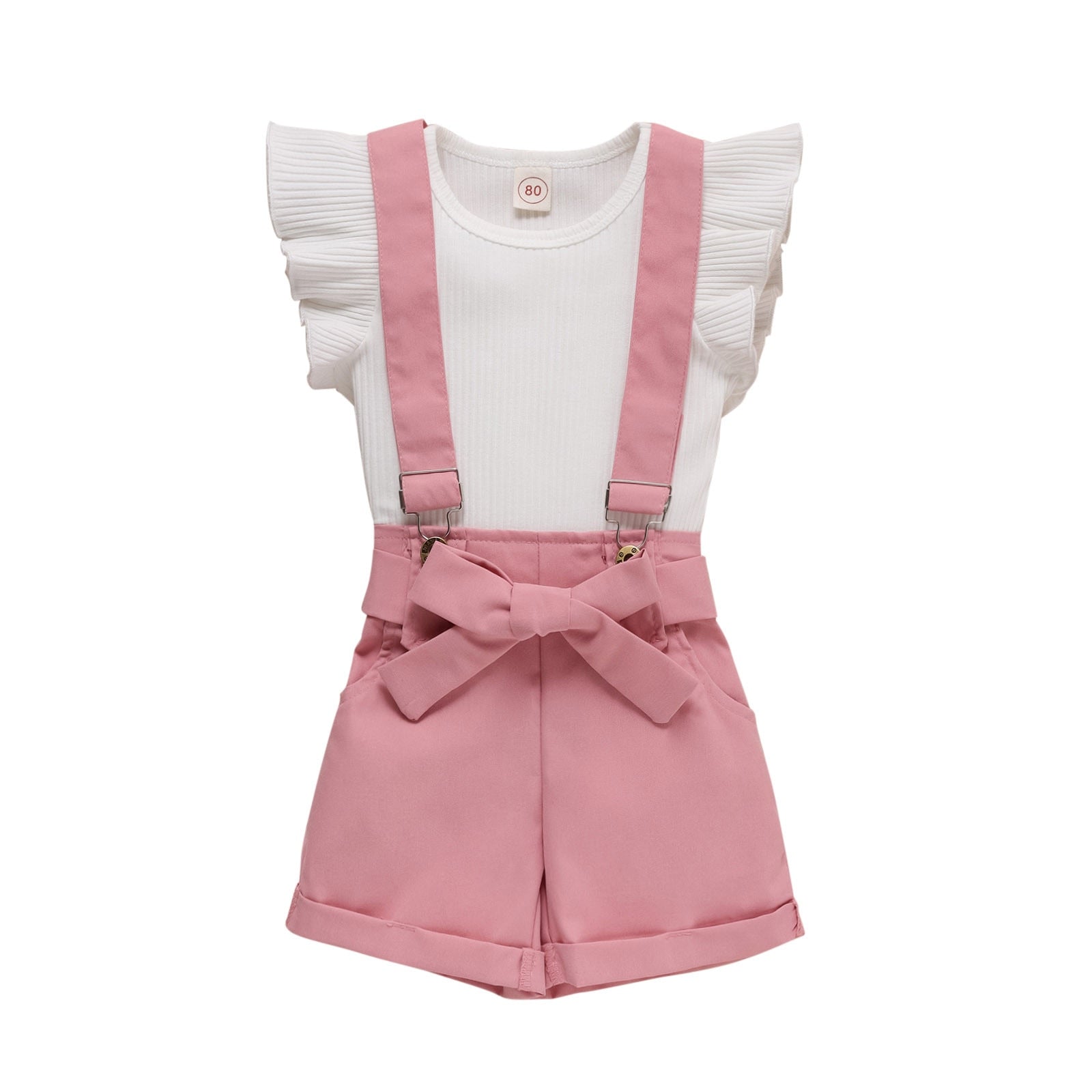 Little Girls Clothes Sets - Ruffle Sleeve T-Shirt and Suspender Shorts