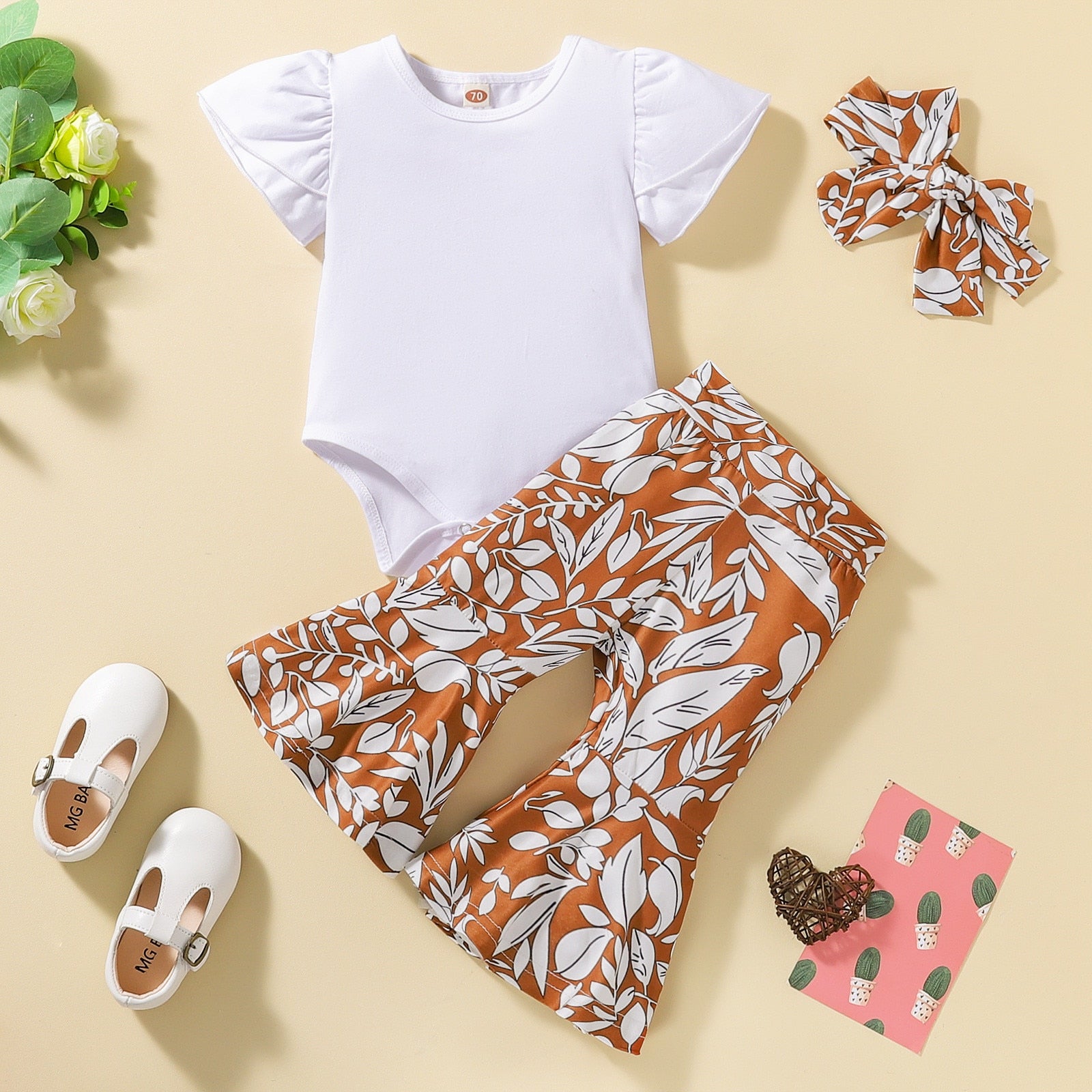 Cute and Comfy Newborn Baby Girls Summer Clothes Sets with Ruffled Sleeve Romper Tops and Bell Bottom Pants