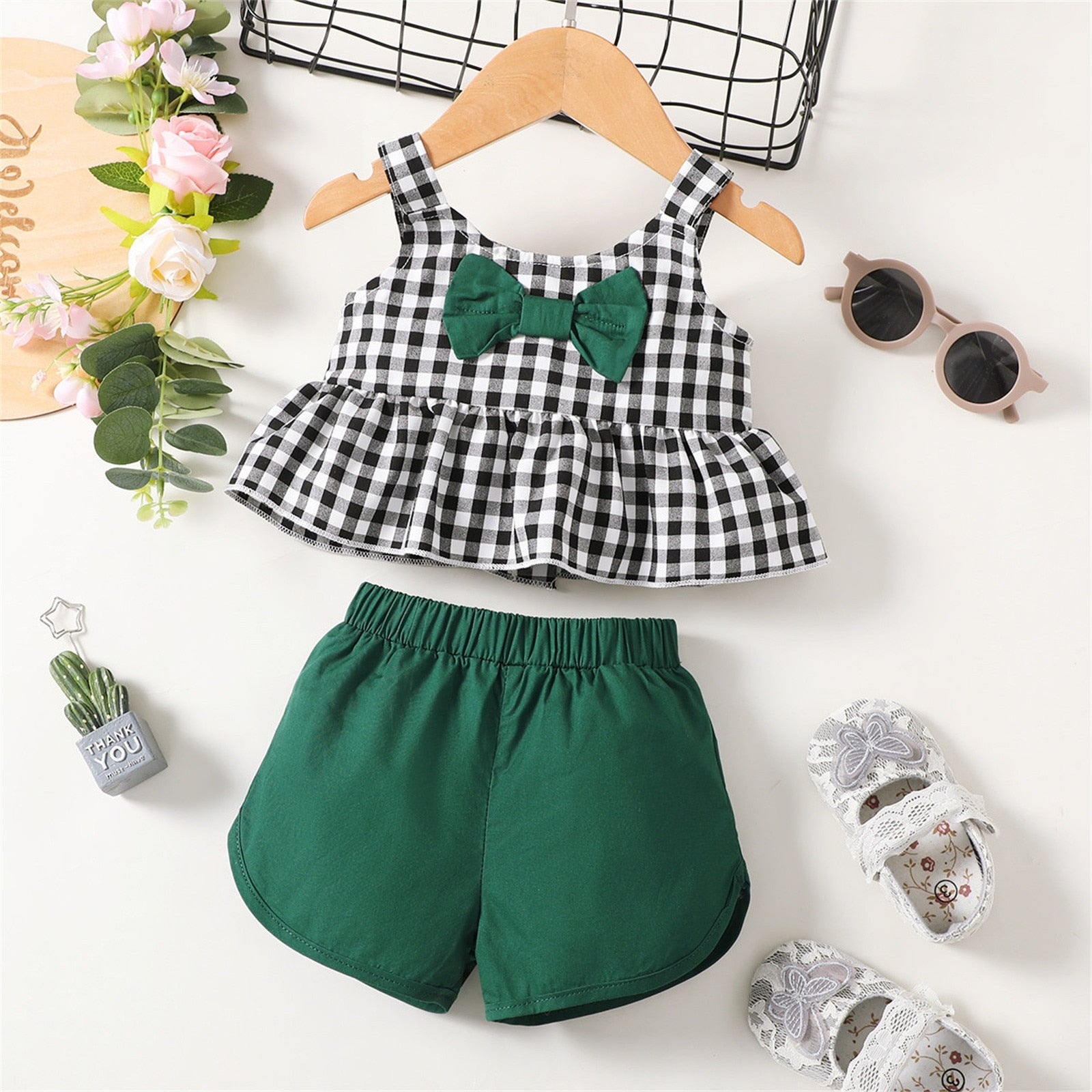 Cute Green Plaid Baby Girl Clothes Set for Summer