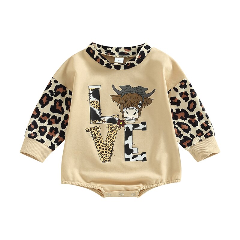 Adorable Cattle Leopard Letter Print Patchwork Jumpsuits for Newborns