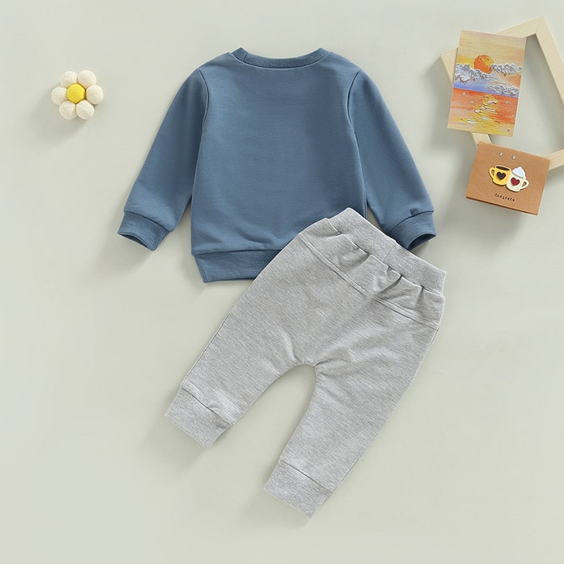 Toddler Baby Boys 2Pcs Outfits Long Sleeve Crew Neck Letter Print Sweatshirt Pullover Tops and Elastic Waist Pocket Pants Set - Babbez