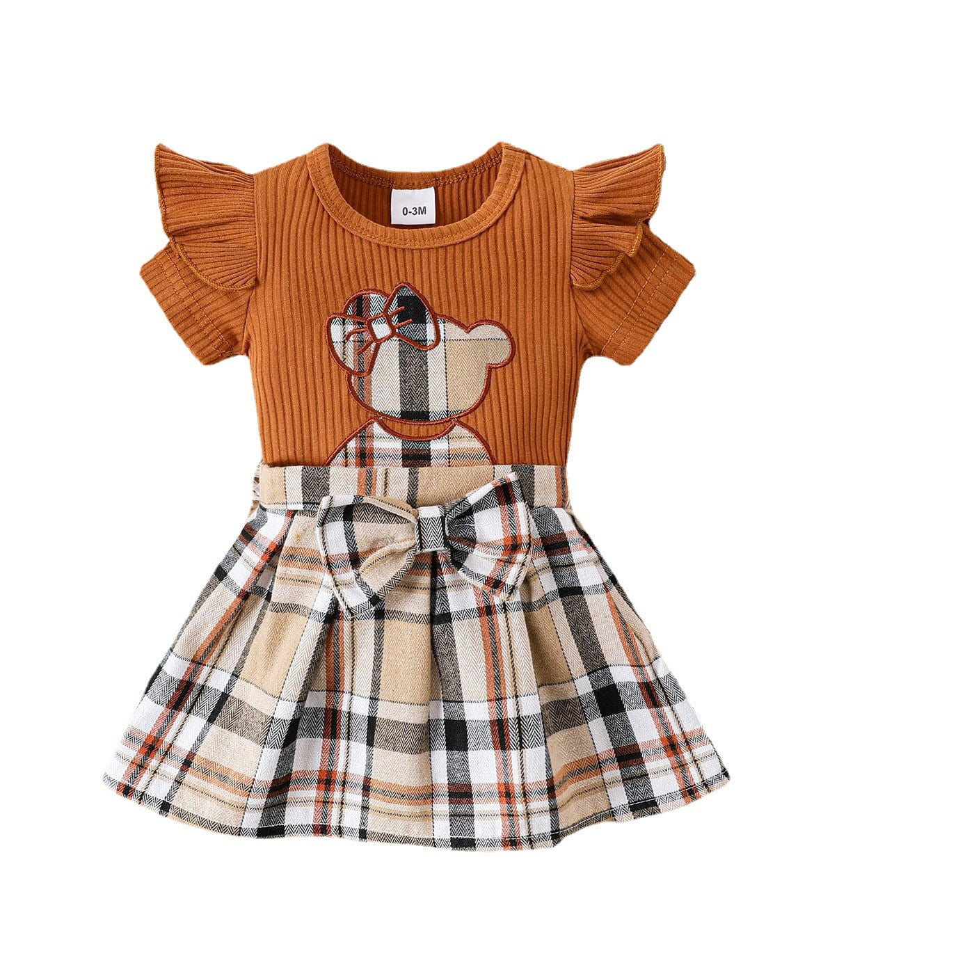 Cute Summer Baby Girl Outfit Set with Embroidery Bear Romper and Plaid Skirt