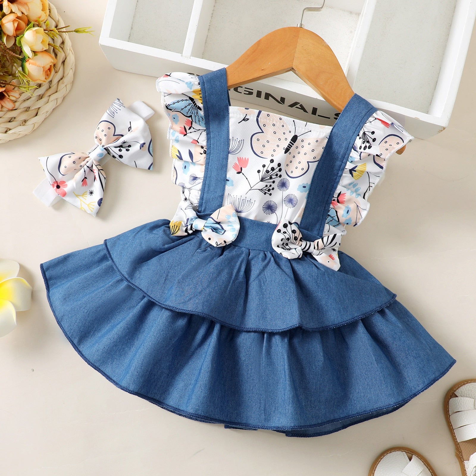 Newborn Baby Girl Summer Dress Set - Butterfly Print Party Princess Dress with Bow and Headband