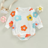 Lovely Autumn Newborn Baby Girls Ribbed Rompers with Flower Print
