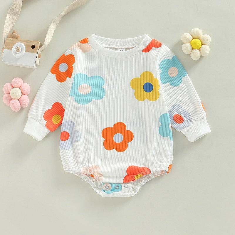 Lovely Autumn Newborn Baby Girls Ribbed Rompers with Flower Print