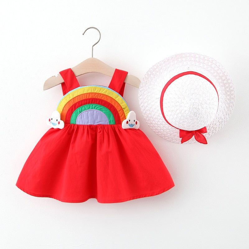 Summer Rainbow Sling Dresses for Baby Girls - 2 Piece Set with Hat