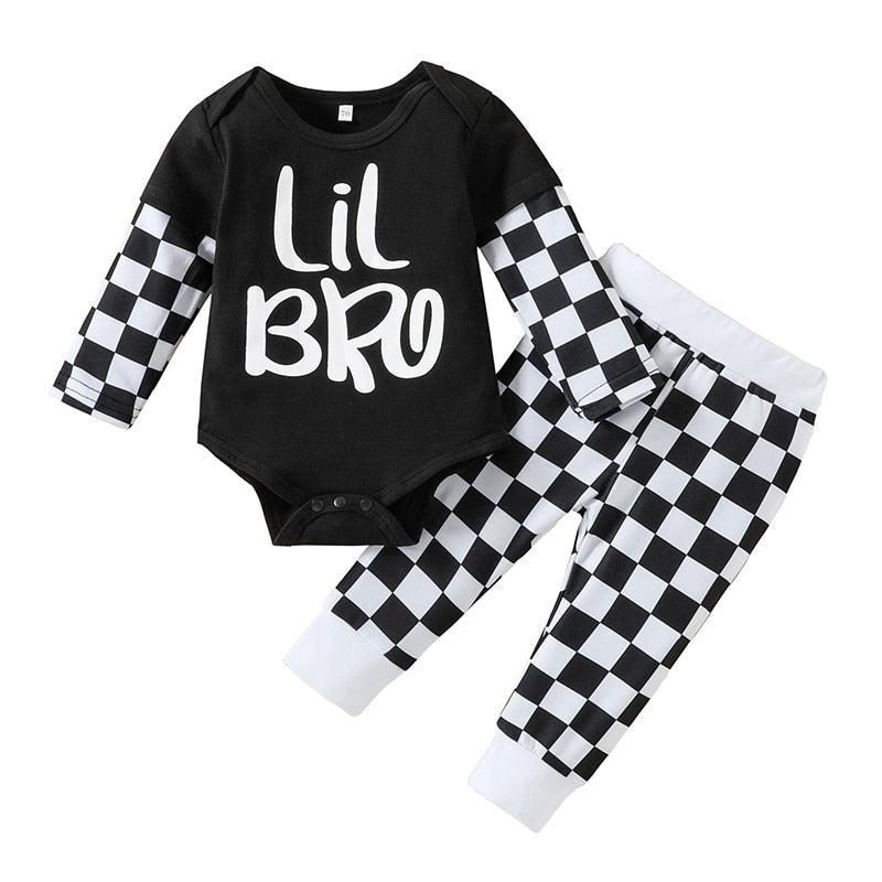 Stylish New Born Baby Boy Clothes with Long Sleeve Romper and Checkerboard Print Trousers
